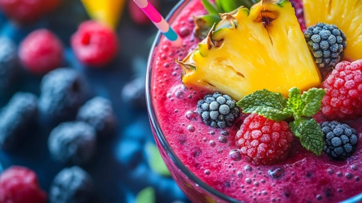 Vecindad de frambuesas y moras en la cama